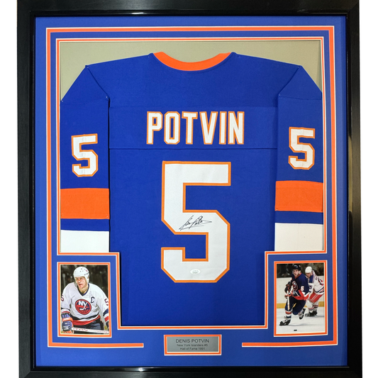 Framed Autographed/Signed Denis Potvin 35x39 New York Blue Hockey Jersey JSA COA