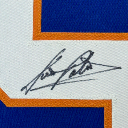 Framed Autographed/Signed Denis Potvin 35x39 New York Blue Hockey Jersey JSA COA