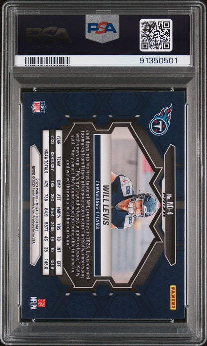 Graded 2023 Panini Mosaic Will Levis #ND4 NFL Debut Reactive Blue Rookie RC Football Card PSA 10 Gem Mint