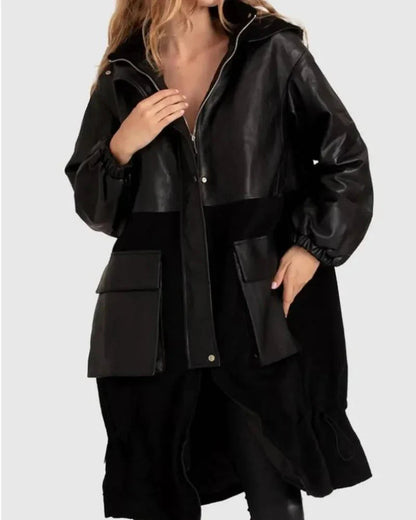 Belle & Bloom Back To Black Oversized Black Leather Panelled Coat