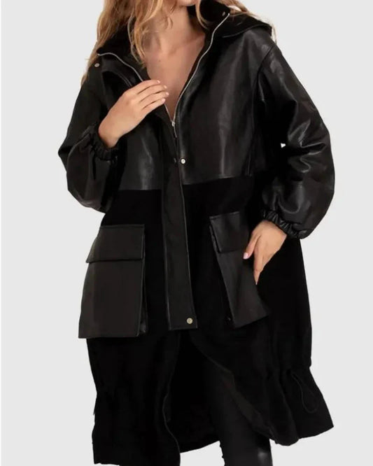 Belle & Bloom Back To Black Oversized Black Leather Panelled Coat