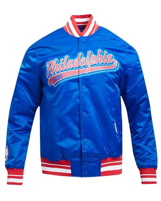 Philadelphia 76ers Script Tail Royal Satin Jacket