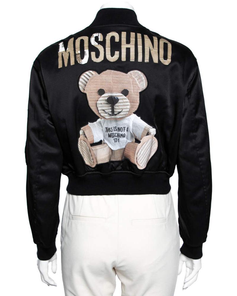 Moschino Couture Black Teddy Print Synthetic Cropped Bomber Jacket