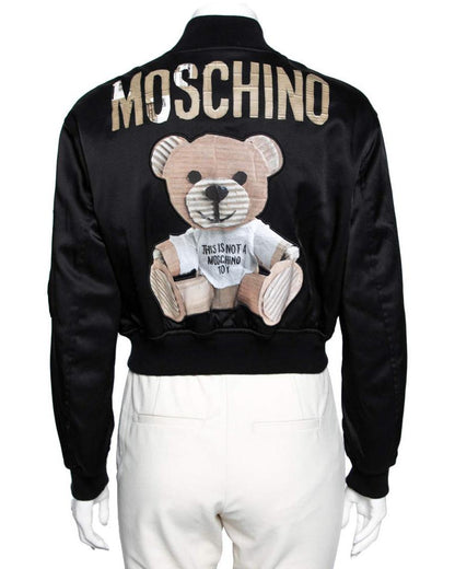 Moschino Couture Black Teddy Print Synthetic Cropped Bomber Jacket
