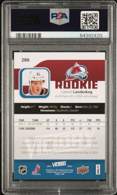 Graded 2011 UD Victory Gabriel Landeskog #286 Black Rookie RC Hockey Card PSA 10 Gem Mint