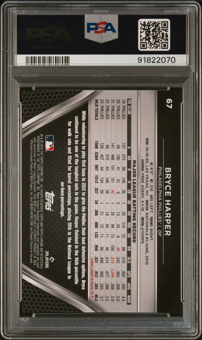Graded 2024 Topps Chrome Black Bryce Harper #67 Orange #/25 Baseball Card PSA 10 Gem Mint