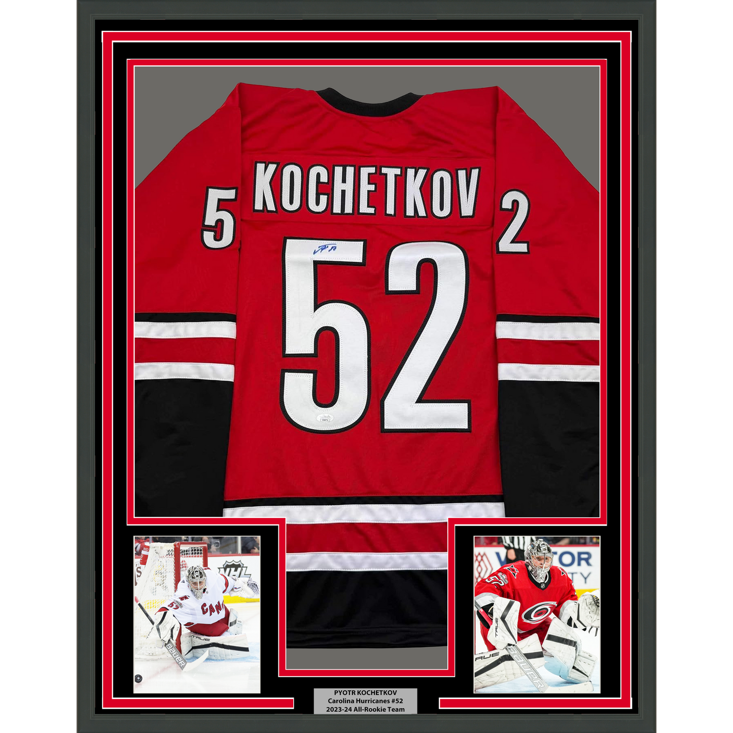 Framed Autographed/Signed Pyotr Kochetkov 35x39 Carolina Red Hockey Jersey JSA COA