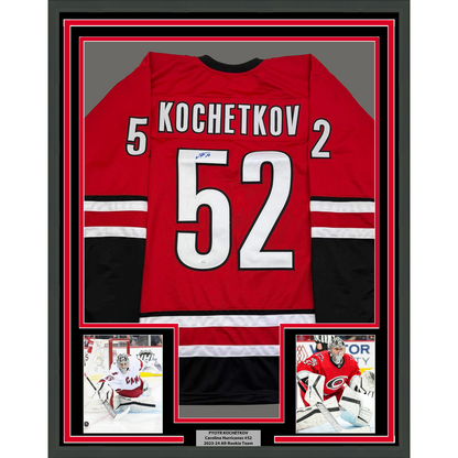 Framed Autographed/Signed Pyotr Kochetkov 35x39 Carolina Red Hockey Jersey JSA COA
