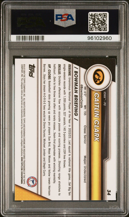 Graded 2023 Topps Bowman U Chrome Caitlin Clark #34 Pink Refractor Rookie RC Basketball Card PSA 10 Gem Mint