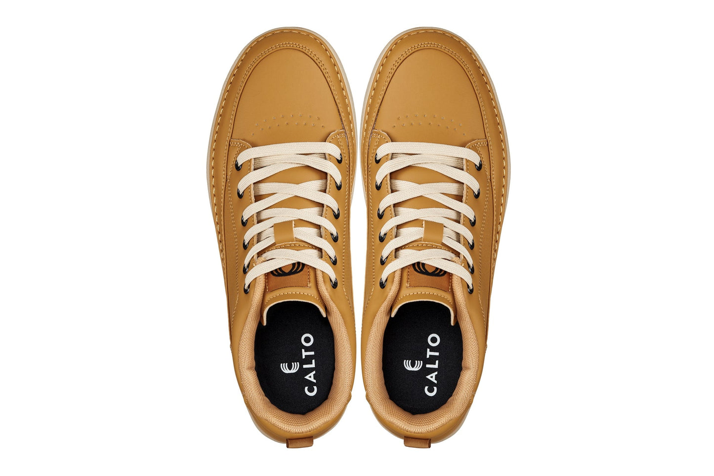 CALTO - Q274  - 2 Inches Taller (Camel Brown & Gum Sole) - Elevated Leatherette Micro-Perforated Sneakers