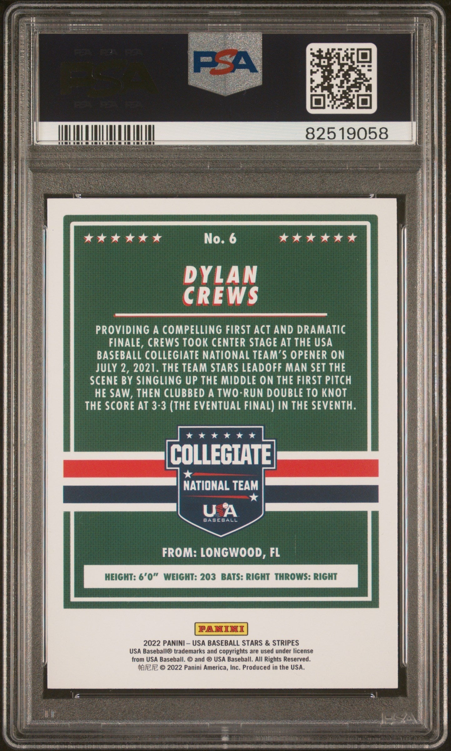 Graded 2021 Panini Stars & Stripes USA Dylan Crews #6 Rookie RC Baseball Card PSA 10 Gem Mint