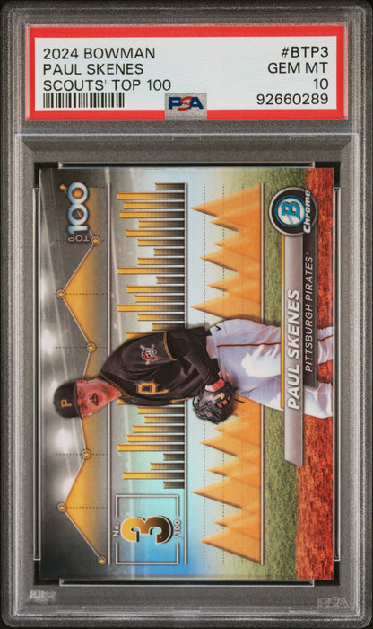 Graded 2024 Topps Bowman Paul Skenes #BTP3 Scouts Top 100 Rookie RC Baseball Card PSA 10 Gem Mint