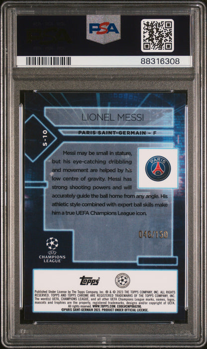 Graded 2022 Topps Chrome UCC Lionel Messi #S10 Blue Refractor #/150 Soccer Card PSA 10 Gem Mint