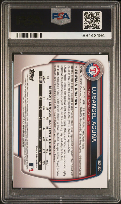 Graded 2023 Topps Bowman Chrome Sapphire Edition Luisangel Acuna #230 Prospects Rookie RC Baseball Card PSA 10 Gem Mint