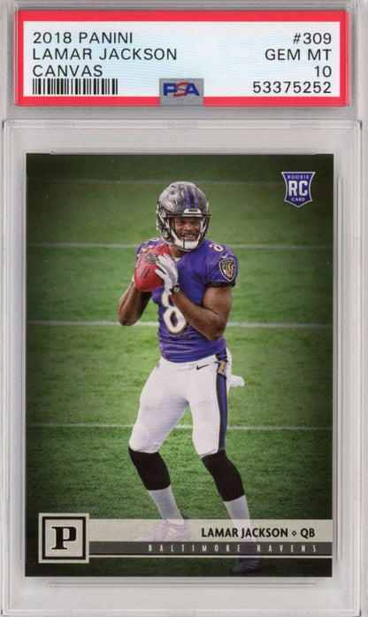 Graded 2018 Panini Lamar Jackson #309 Canvas Rookie RC Football Card PSA 10 Gem Mint