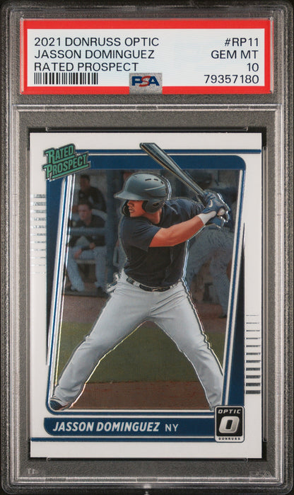 Graded 2021 Panini Donruss Optic Jasson Dominguez #RP11 Rated Prospects Rookie RC Baseball Card PSA 10 Gem Mint