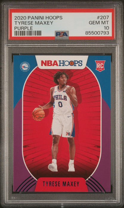 Graded 2020 Panini Hoops Tyrese Maxey #207 Purple Rookie RC Basketball Card PSA 10 Gem Mint