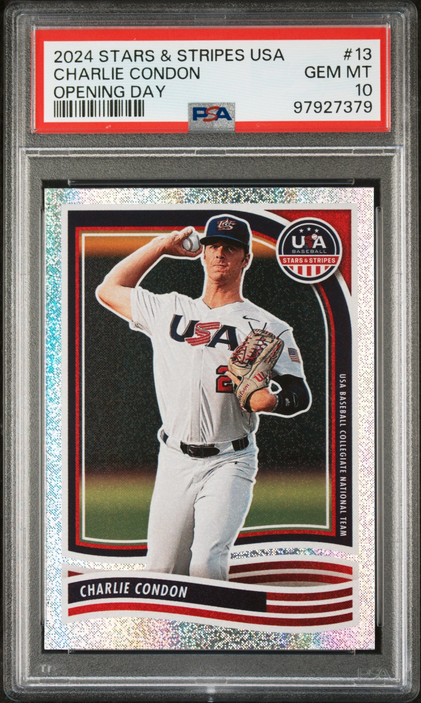 Graded 2024 Panini Stars & Stripes USA Charlie Condon #13 Opening Day Rookie RC Baseball Card PSA 10 Gem Mint