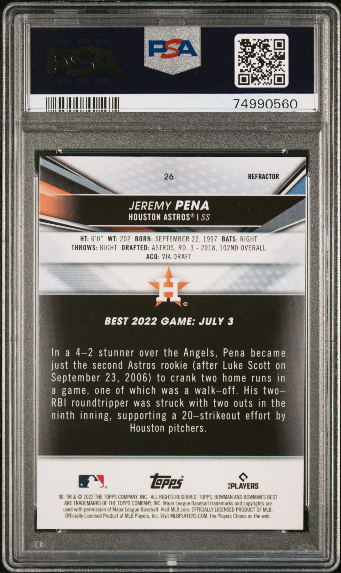 Graded 2022 Topps Bowmans Best Jeremy Pena #26 Refractor Rookie RC Baseball Card PSA 10 Gem Mint