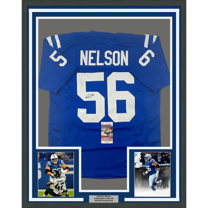 Framed Autographed/Signed Quenton Nelson 35x39 Indianapolis Blue Football Jersey JSA COA