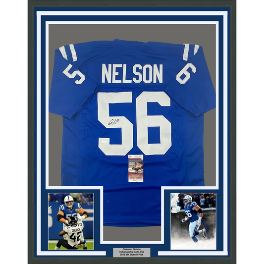 Framed Autographed/Signed Quenton Nelson 35x39 Indianapolis Blue Football Jersey JSA COA