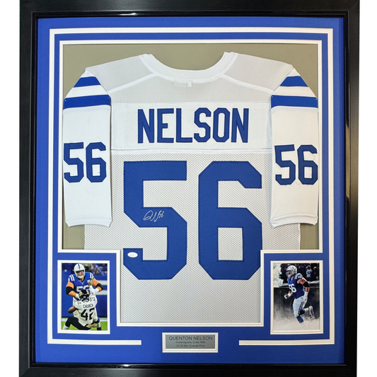Framed Autographed/Signed Quenton Nelson 35x39 Indianapolis White Football Jersey JSA COA