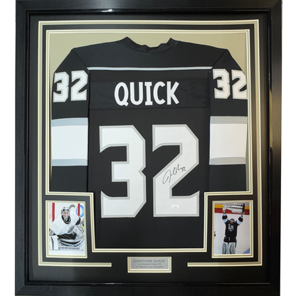 Framed Autographed/Signed Jonathan Quick 35x39 Los Angeles LA Black Hockey Jersey JSA COA