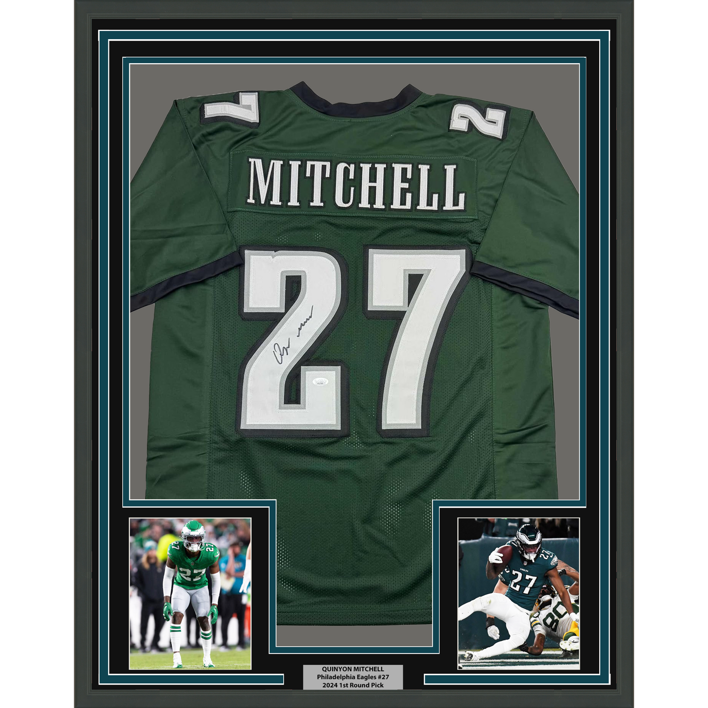 Framed Autographed/Signed Quinyon Mitchell 35x39 Philadelphia Green Football Jersey JSA COA