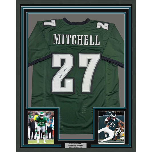 Framed Autographed/Signed Quinyon Mitchell 35x39 Philadelphia Green Football Jersey JSA COA