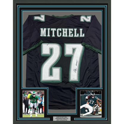 Framed Autographed/Signed Quinyon Mitchell 35x39 Philadelphia Black Football Jersey JSA COA
