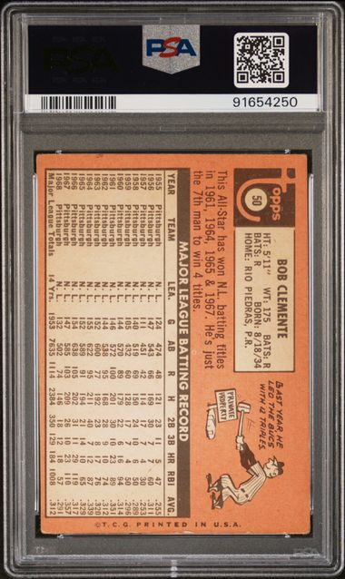 Graded 1969 Topps Bob Roberto Clemente #50 Baseball Card PSA 3 Very Good