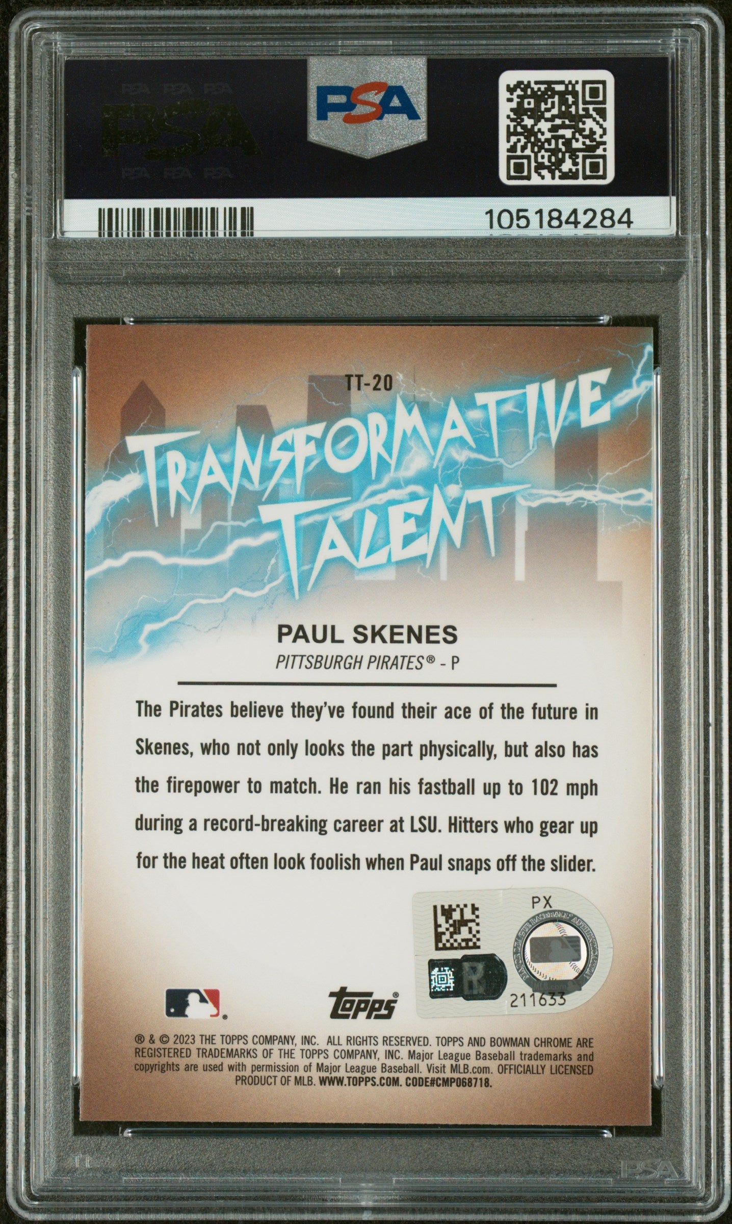 Graded 2023 Topps Bowman Draft Paul Skenes #TT20 Transformative Talent Rookie RC Baseball Card PSA 9 Auto Grade Mint