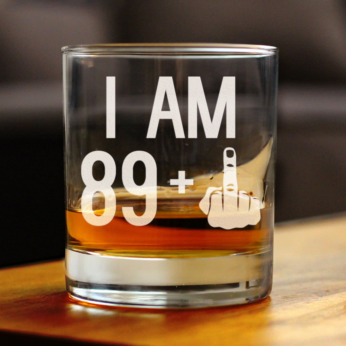 89 + 1 Middle Finger - Funny 90th Birthday Whiskey Rocks Glass Gifts for Men & Women Turning 90 - Fun Whisky Drinking Tumbler