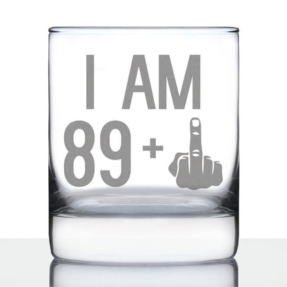 89 + 1 Middle Finger - Funny 90th Birthday Whiskey Rocks Glass Gifts for Men & Women Turning 90 - Fun Whisky Drinking Tumbler