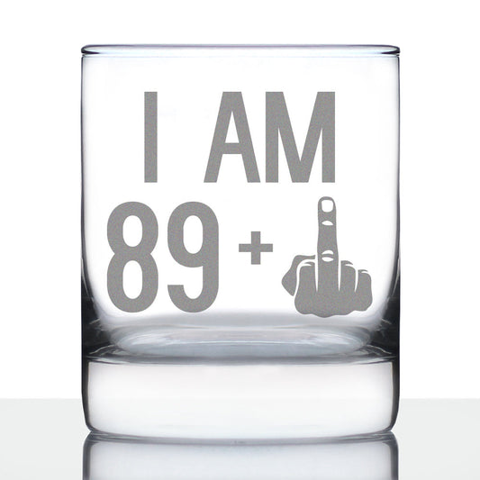 89 + 1 Middle Finger - Funny 90th Birthday Whiskey Rocks Glass Gifts for Men & Women Turning 90 - Fun Whisky Drinking Tumbler