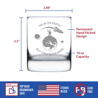 Age on Mars 30 - Whiskey Rocks Glass Gift - Unique Funny 30th Birthday Gifts for Women and Men - 10.25 oz Glasses