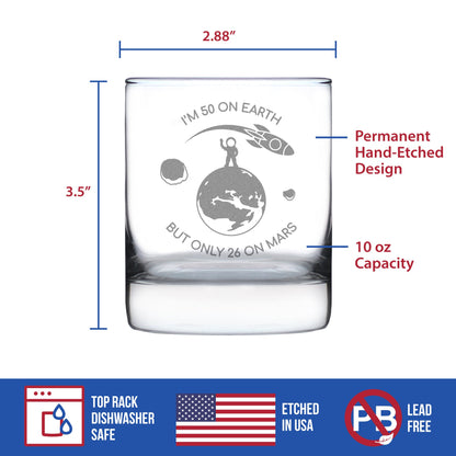 Age on Mars 50 - Whiskey Rocks Glass Gift - Unique Funny 50th Birthday Gifts for Women and Men - 10.25 oz Glasses