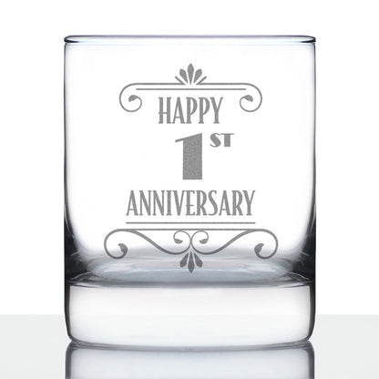Happy 1st Anniversary Engraved Rocks Glass Gifts 1 Year Anniversary Art Deco Party Decor Weighted Whiskey Glasses - 10.25 oz