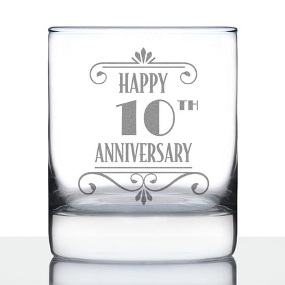 Happy 10th Anniversary Engraved Rocks Glass Gifts 10 Year Anniversary Art Deco Party Decor Weighted Whiskey Glasses - 10.25 oz