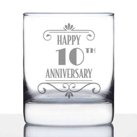 Happy 10th Anniversary Engraved Rocks Glass Gifts 10 Year Anniversary Art Deco Party Decor Weighted Whiskey Glasses - 10.25 oz