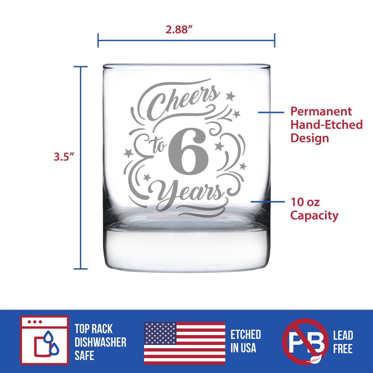 Cheers to 6 Years - Whiskey Rocks Glass Gifts for Women & Men - 6th Anniversary Party Decor - 10.25 Oz Glasses