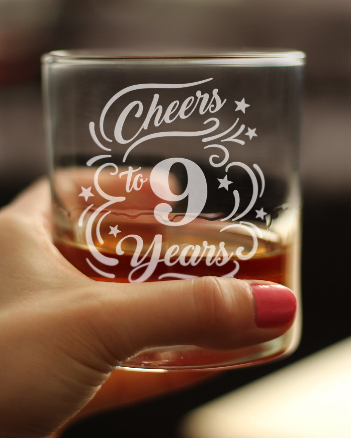 Cheers to 9 Years - Whiskey Rocks Glass Gifts for Women & Men - 9th Anniversary Party Decor - 10.25 Oz Glasses
