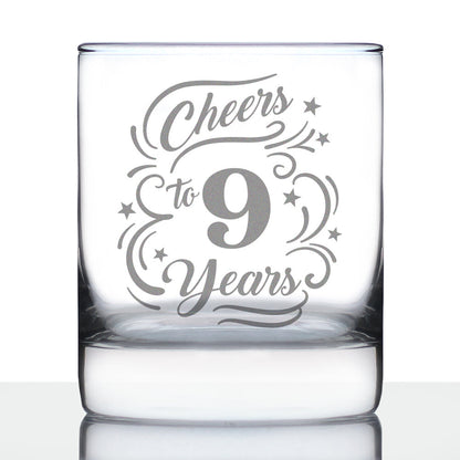 Cheers to 9 Years - Whiskey Rocks Glass Gifts for Women & Men - 9th Anniversary Party Decor - 10.25 Oz Glasses
