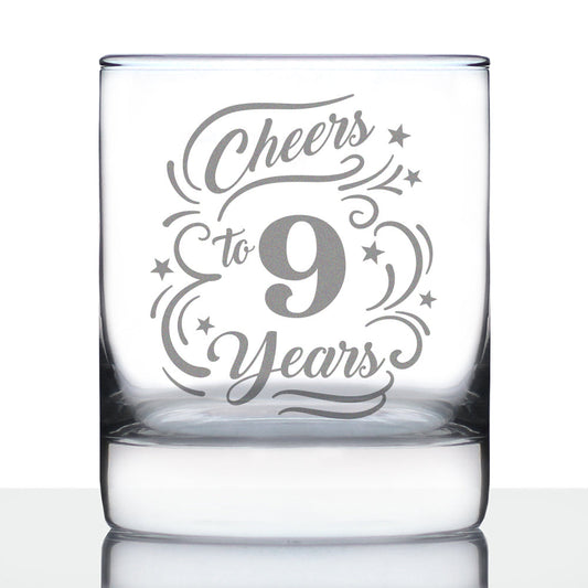 Cheers to 9 Years - Whiskey Rocks Glass Gifts for Women & Men - 9th Anniversary Party Decor - 10.25 Oz Glasses