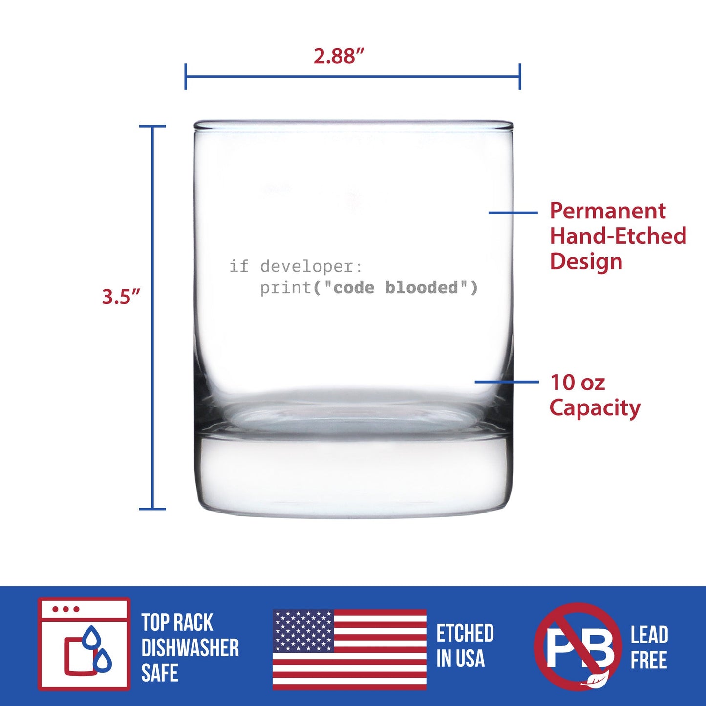 Code Blooded Engraved Rocks Glass Gifts for Programmer, Coder & Computer Geeks Weighted Whiskey Glasses - 10.25 oz