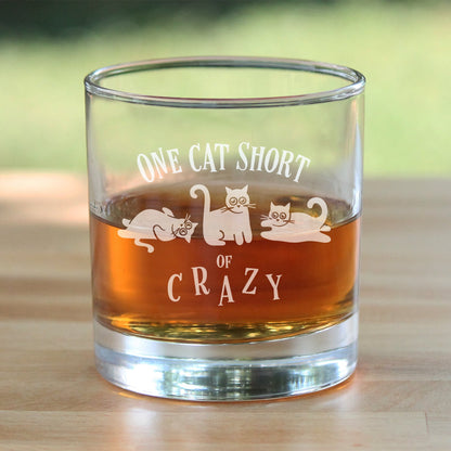 One Cat Short of Crazy - Whiskey Rocks Glass Gift - Funny Cat Gifts for Women and Men - 10.25 oz Glasses
