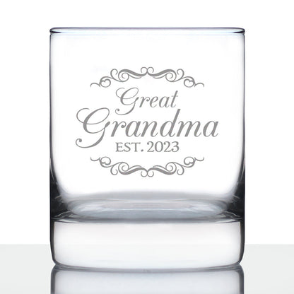 Great Grandma Est 2023 - New Great Grandmother Whiskey Rocks Glass Gift for First Time Great Grandparents - Decorative 10.25 Oz Glasses