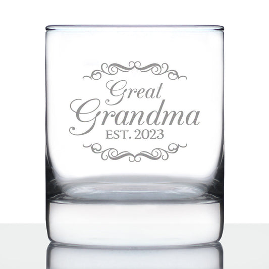 Great Grandma Est 2023 - New Great Grandmother Whiskey Rocks Glass Gift for First Time Great Grandparents - Decorative 10.25 Oz Glasses