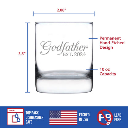 Godfather Est 2024 - New Godfather Whiskey Rocks Glass Proposal Gift for First Time Godparents - Decorative 10.25 Oz Glasses