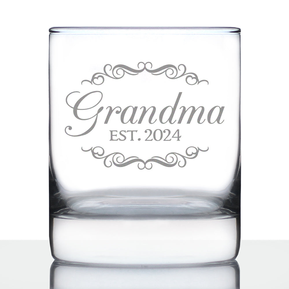 Grandma Est 2024 - New Grandmother Whiskey Rocks Glass Gift for First Time Grandparents - Decorative 10.25 Oz Glasses